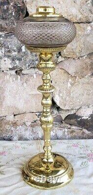 17.5 Glass and Polished Cast Brass Banquet Kerosene Oil Lamp Antique
