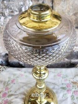 17.5 Glass and Polished Cast Brass Banquet Kerosene Oil Lamp Antique