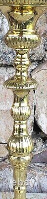 17.5 Glass and Polished Cast Brass Banquet Kerosene Oil Lamp Antique