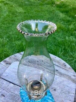 1800's Antique Blue Snowflake Oil Lamp with Clear Base