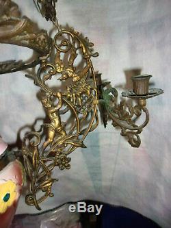 1800's French Large Hanging oil lamp Chandelier bronze brass Cherubs birds
