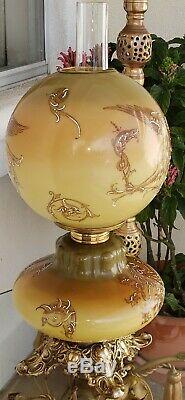 1800s Antique Dragons Painting Oil Table Lamp Fighting Scene Kerosene GWTW Origi