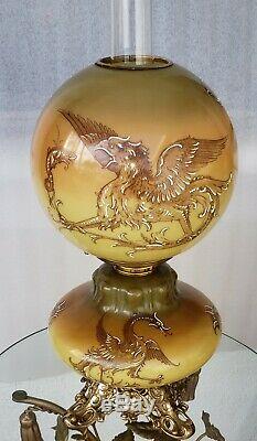 1800s Antique Dragons Painting Oil Table Lamp Fighting Scene Kerosene GWTW Origi