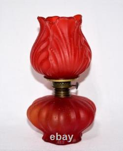 1800s Antique Victorian Tulip Red Satin Glass Hurricane Miniature Oil Lamp 8