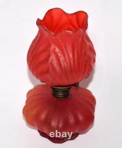 1800s Antique Victorian Tulip Red Satin Glass Hurricane Miniature Oil Lamp 8