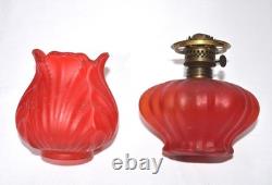 1800s Antique Victorian Tulip Red Satin Glass Hurricane Miniature Oil Lamp 8
