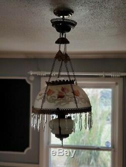 1800s Victorian Atq Chandelier Hanging Prism Electrified Oil Lamp/ Lighting