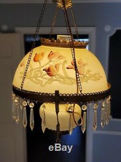 1800s Victorian Atq Chandelier Hanging Prism Electrified Oil Lamp/ Lighting