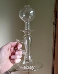 1820s EARLY FREE BLOWN PONTILED WHALE OIL LACE MAKER'S LAMP WITH APPLIED HANDLE