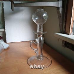 1820s EARLY FREE BLOWN PONTILED WHALE OIL LACE MAKER'S LAMP WITH APPLIED HANDLE