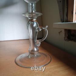 1820s EARLY FREE BLOWN PONTILED WHALE OIL LACE MAKER'S LAMP WITH APPLIED HANDLE