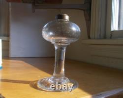 1830s EARLY PONTILED WHALE OIL LAMP FREE BLOWN WITH ROUND ONION FONT NICE