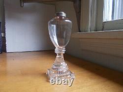 1830s PONTILED WHALE OIL LAMP FREE BLOWN WITH LACY STEPPED BASE TRIPLE WAFERS