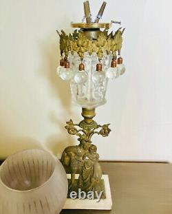 1850s Dietz Gilt Bronze Sandwich Glass Whale Oil Girandole Lamp with Glass Globe