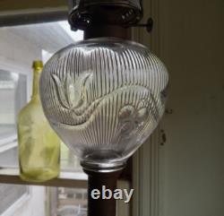 1860s BELLFLOWER RIBBED SINGLE VINE KEROSENE STAND LAMP WithORIGINAL MARBLE BASE
