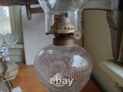1860s BELLFLOWER RIBBED SINGLE VINE KEROSENE STAND LAMP WithORIGINAL MARBLE BASE