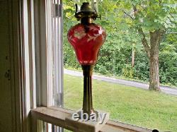 1860s CRANBERRY CUT TO CLEAR BOSTON & SANDWICH GLASS OIL LAMP WITH MARBLE BASE