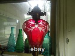 1860s CRANBERRY CUT TO CLEAR BOSTON & SANDWICH GLASS OIL LAMP WITH MARBLE BASE