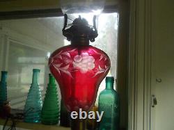 1860s CRANBERRY CUT TO CLEAR BOSTON & SANDWICH GLASS OIL LAMP WITH MARBLE BASE