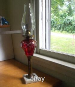 1860s CRANBERRY CUT TO CLEAR BOSTON & SANDWICH GLASS OIL LAMP WITH MARBLE BASE