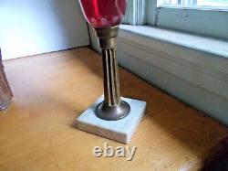 1860s CRANBERRY CUT TO CLEAR BOSTON & SANDWICH GLASS OIL LAMP WITH MARBLE BASE