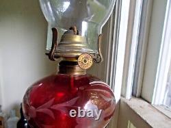 1860s CRANBERRY CUT TO CLEAR BOSTON & SANDWICH GLASS OIL LAMP WITH MARBLE BASE