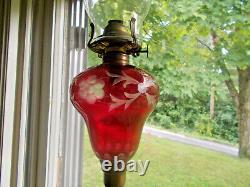 1860s CRANBERRY CUT TO CLEAR BOSTON & SANDWICH GLASS OIL LAMP WITH MARBLE BASE