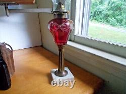 1860s CRANBERRY CUT TO CLEAR BOSTON & SANDWICH GLASS OIL LAMP WITH MARBLE BASE