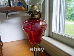 1860s CRANBERRY CUT TO CLEAR BOSTON & SANDWICH GLASS OIL LAMP WITH MARBLE BASE