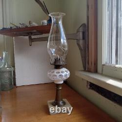 1860s WHITE CUT OVERLAY PUNTY SANDWICH GLASS OIL LAMP ORIGINAL MARBLE BASE ETC