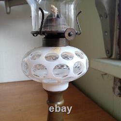 1860s WHITE CUT OVERLAY PUNTY SANDWICH GLASS OIL LAMP ORIGINAL MARBLE BASE ETC