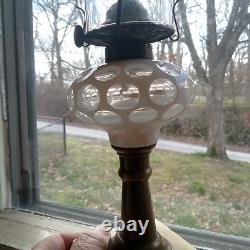 1860s WHITE CUT OVERLAY PUNTY SANDWICH GLASS OIL LAMP ORIGINAL MARBLE BASE ETC