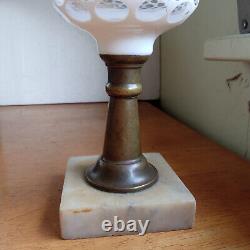 1860s WHITE CUT OVERLAY PUNTY SANDWICH GLASS OIL LAMP ORIGINAL MARBLE BASE ETC