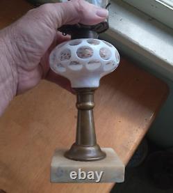 1860s WHITE CUT OVERLAY PUNTY SANDWICH GLASS OIL LAMP ORIGINAL MARBLE BASE ETC