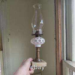 1860s WHITE CUT OVERLAY PUNTY SANDWICH GLASS OIL LAMP ORIGINAL MARBLE BASE ETC