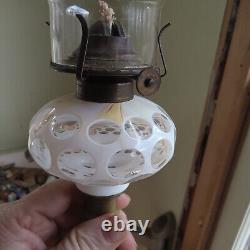 1860s WHITE CUT OVERLAY PUNTY SANDWICH GLASS OIL LAMP ORIGINAL MARBLE BASE ETC