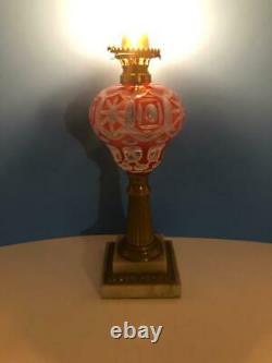 1864 Antique Boston Sandwich Glass Oil Lamp Pink Overlay To Clear 2 Tier Base