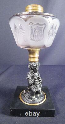 1870-80' Flag/Star Shield Font Victorian Girl & Dog Kerosene Oil Lamp