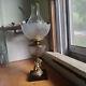 1870s BOY EATING GRAPES FIGURE STEM OIL LAMP WITH ORNATE FROSTED GLASS SHADE