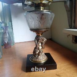 1870s BOY EATING GRAPES FIGURE STEM OIL LAMP WITH ORNATE FROSTED GLASS SHADE