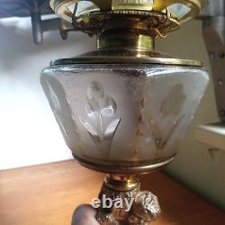 1870s BOY EATING GRAPES FIGURE STEM OIL LAMP WITH ORNATE FROSTED GLASS SHADE