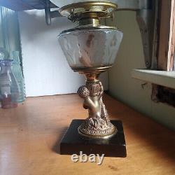 1870s BOY EATING GRAPES FIGURE STEM OIL LAMP WITH ORNATE FROSTED GLASS SHADE