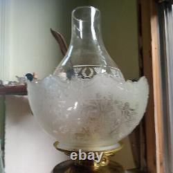 1870s BOY EATING GRAPES FIGURE STEM OIL LAMP WITH ORNATE FROSTED GLASS SHADE