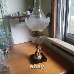 1870s BOY EATING GRAPES FIGURE STEM OIL LAMP WITH ORNATE FROSTED GLASS SHADE