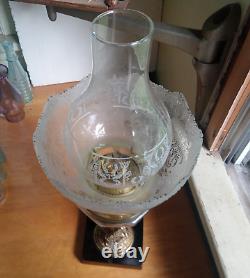 1870s BOY EATING GRAPES FIGURE STEM OIL LAMP WITH ORNATE FROSTED GLASS SHADE