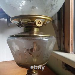 1870s BOY EATING GRAPES FIGURE STEM OIL LAMP WITH ORNATE FROSTED GLASS SHADE
