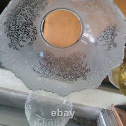 1870s BOY EATING GRAPES FIGURE STEM OIL LAMP WITH ORNATE FROSTED GLASS SHADE