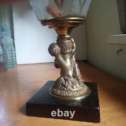 1870s BOY EATING GRAPES FIGURE STEM OIL LAMP WITH ORNATE FROSTED GLASS SHADE