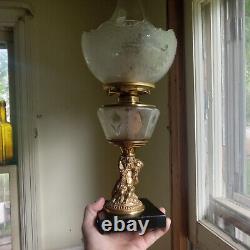 1870s BOY EATING GRAPES FIGURE STEM OIL LAMP WITH ORNATE FROSTED GLASS SHADE