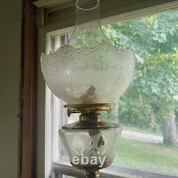 1870s BOY EATING GRAPES FIGURE STEM OIL LAMP WITH ORNATE FROSTED GLASS SHADE